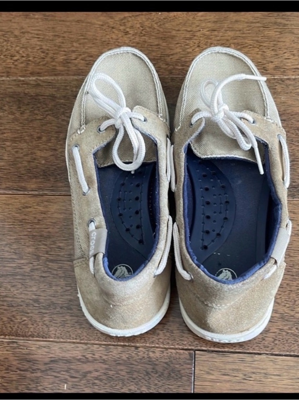 CROCS Beige Moccasin-Style Slip-Ons with Navy Insoles